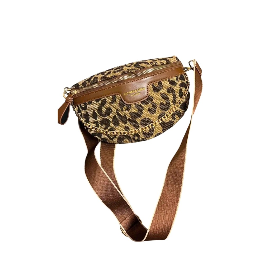 Leopard Print Chain Trim Belt Bag Crossbody Fanny Bag‎